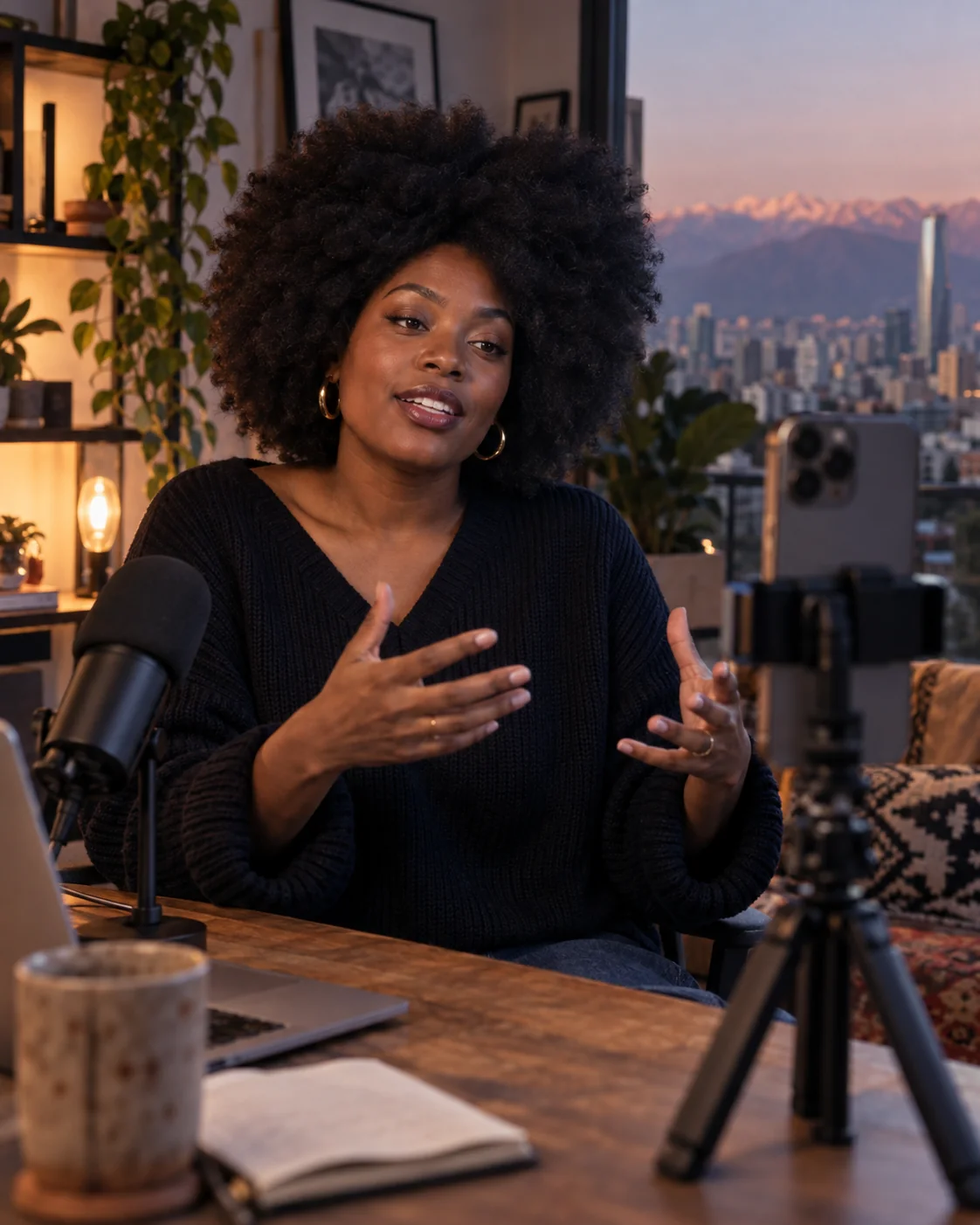 Una creadora con afro se graba con su celular junto a un micrófono.