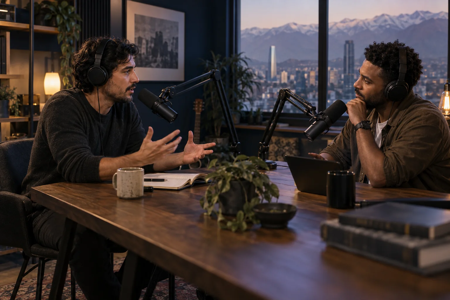 Dos hombres conversan frente a micrófonos en un estudio de podcast.